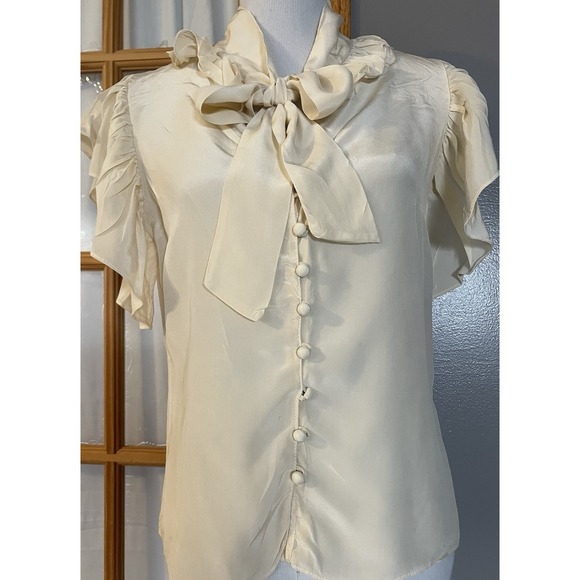 Milly of New York Silk Button Blouse Sz 10 Ivory Ruffles Front Tie Gossip Girls - Picture 2 of 13